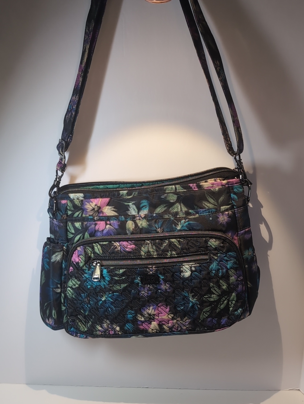 Lug Shimmy Floral Quilted Crossbody Bag in Black, Purple and Teal